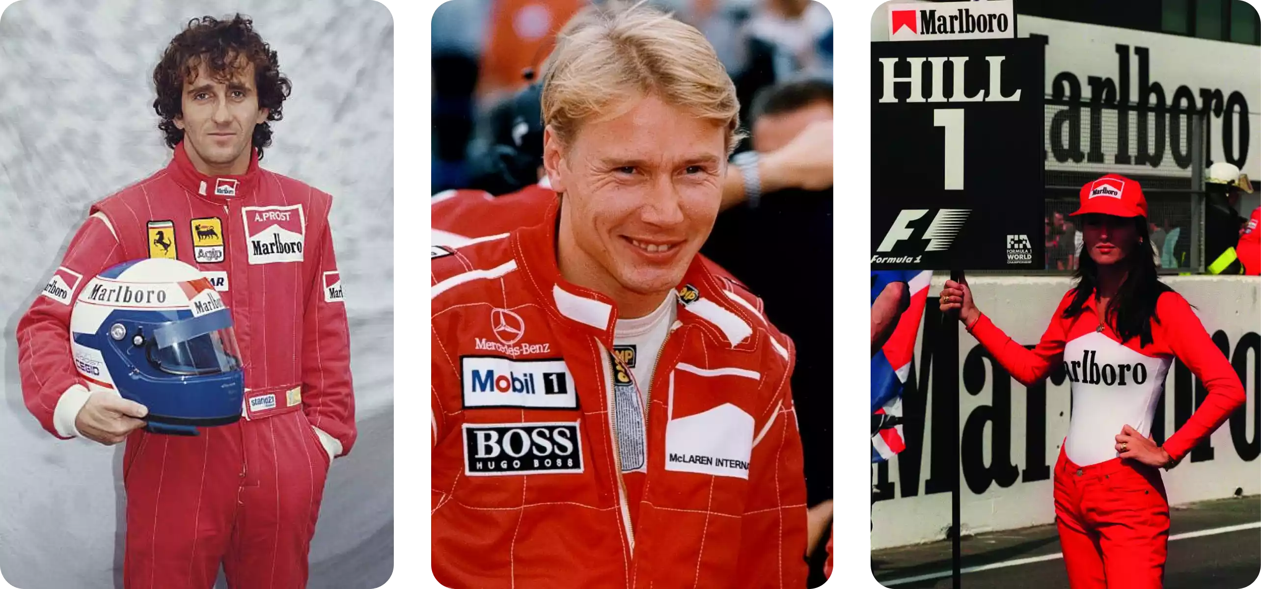 Marlboro sponsorship on drivers and trackside promotional clothing.